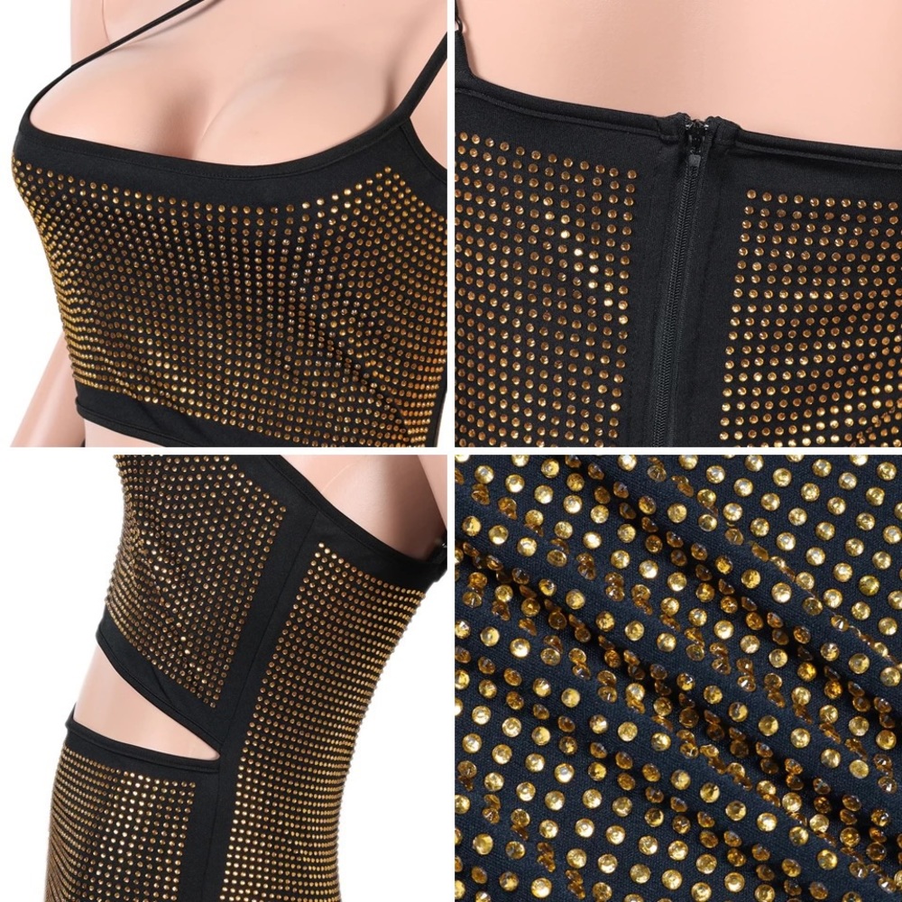 Black & gold rhinestone cutout biker short romper